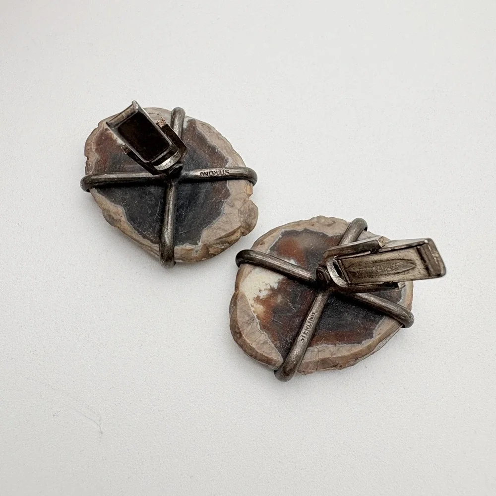 Vintage Sterling Silver Brown Agate Cufflinks Mens Whale Back Stone Pair Jewelry